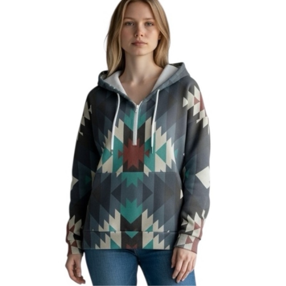 Aztec Gray Blue Oversized Hooded 1/2 Zip Pullover